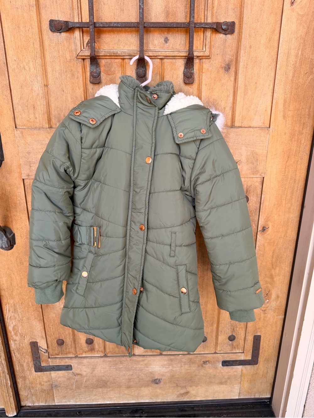 Tahari Olive Green Quilted Kids Puffer Coat with Faux-Sherpa Hood